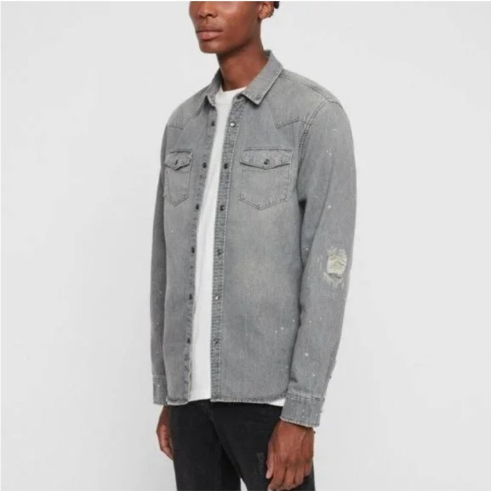 All Saints Gino Denim Jean Distressed Splatter Top shirt large